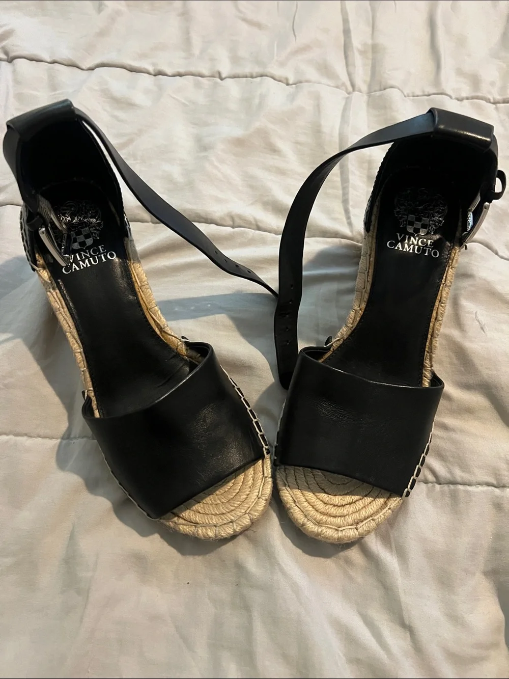 Vince Camuto Black Leather Espadrille Ankle-Strap Wedges